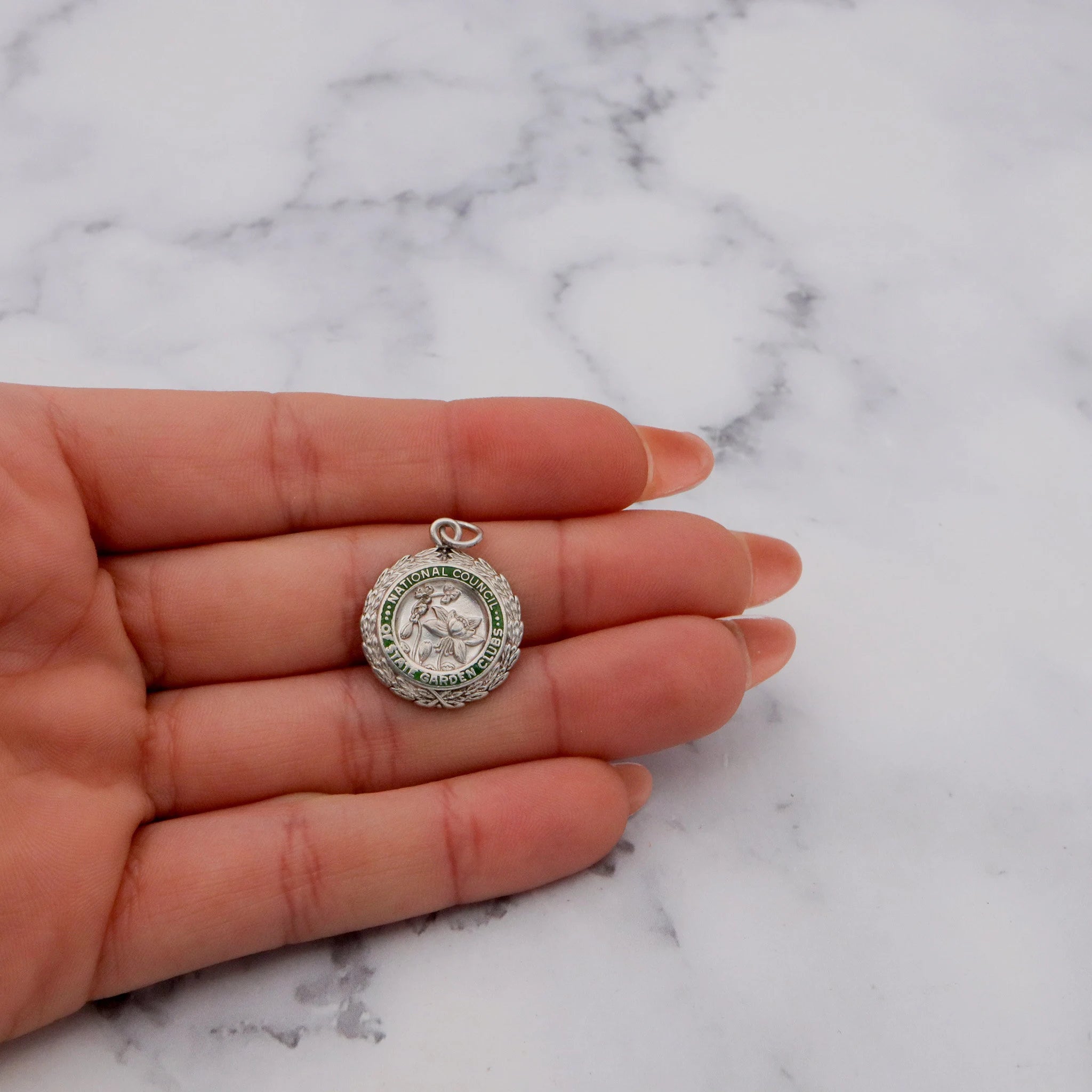 Antique sterling enamel "National Council of State Garden Clubs" medallion pendant